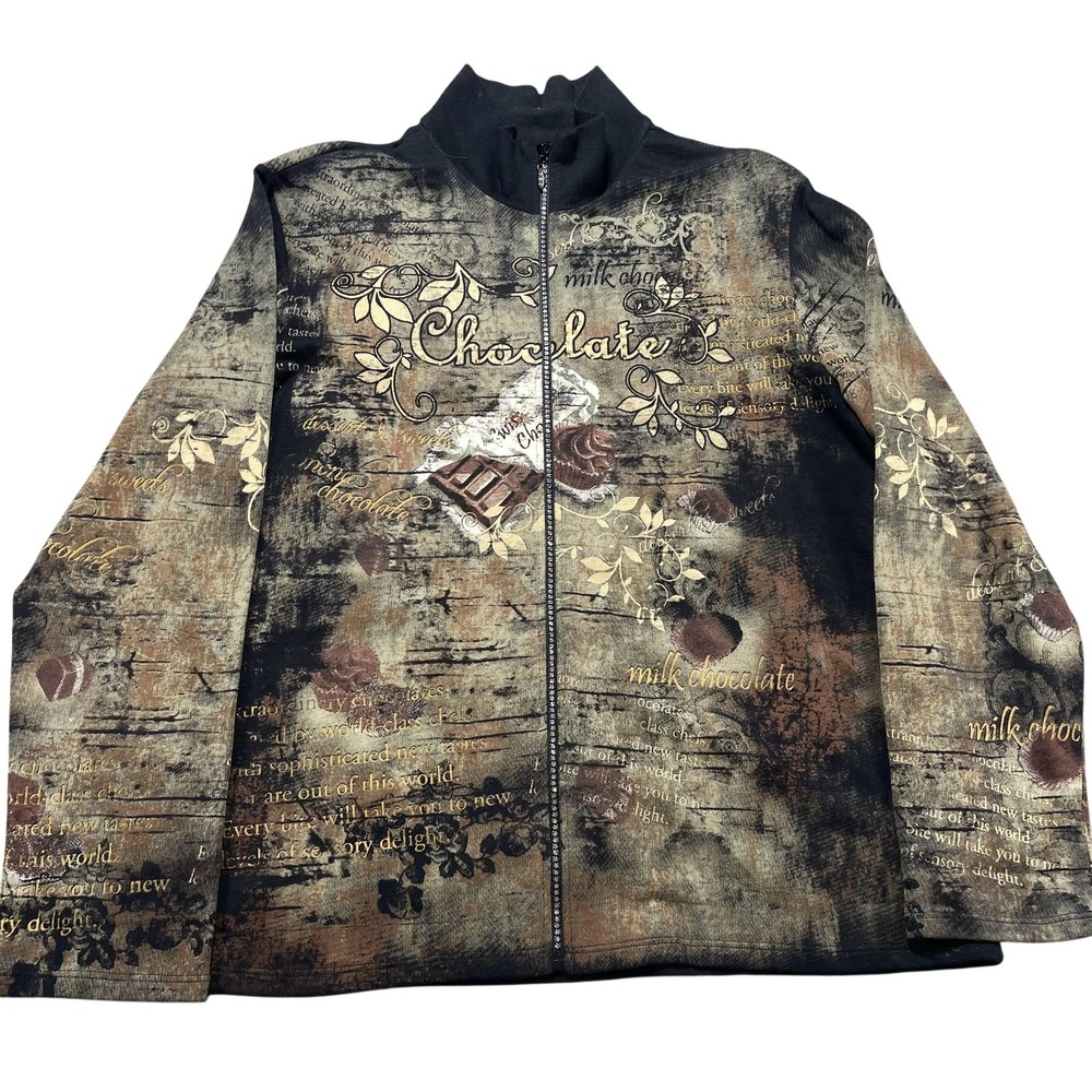 Jess & Jane Jacket Womens XL Brown Chocolate Cap Print Full Zip Rhinestone USA
